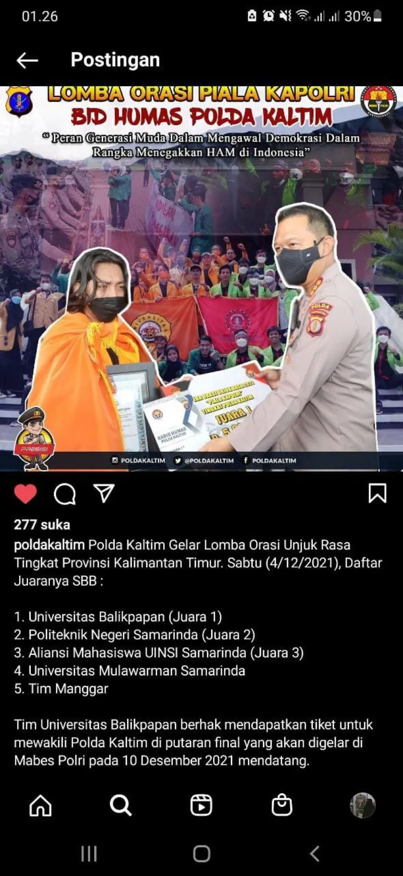 3 orang mahasiswa Teknik Mesin tergabung dalam Tim Lomba Orasi Unjuk Rasa POLDA 2021, berhasil meraih juara 1 tingkat kota Balikpapan.